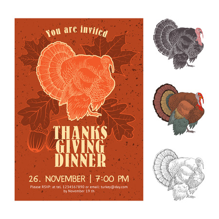 Thanksgiving Day invitation card vector design with turkey on the background of the leaves of oak and maple.のイラスト素材