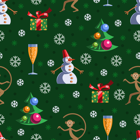 Flat vector New Year seamless pattern. Christmas trees, snowmen, champagne glasses, gifts and monkeys on a green background with snowflakes.のイラスト素材