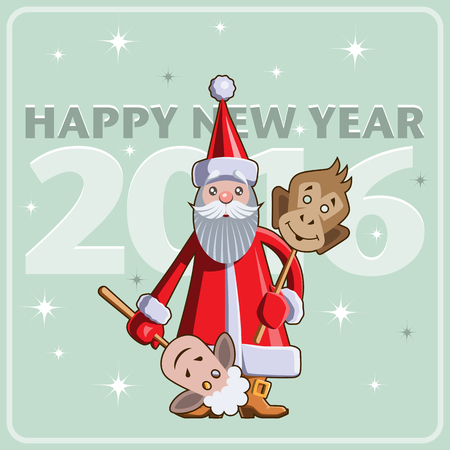 Chinese New Year vector flat illustration. Santa Claus with masks sheep and monkey.のイラスト素材
