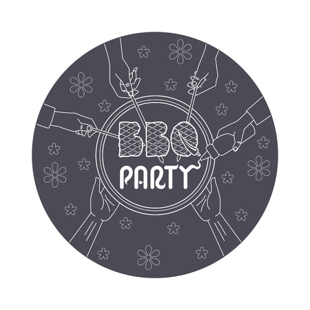 BBQ party invitation card vector illustration. Hands holding the various elements of a barbecue party.のイラスト素材