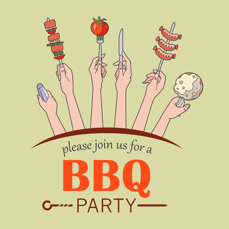 BBQ party invitation card vector illustration. Hands holding the various elements of a barbecue party,のイラスト素材
