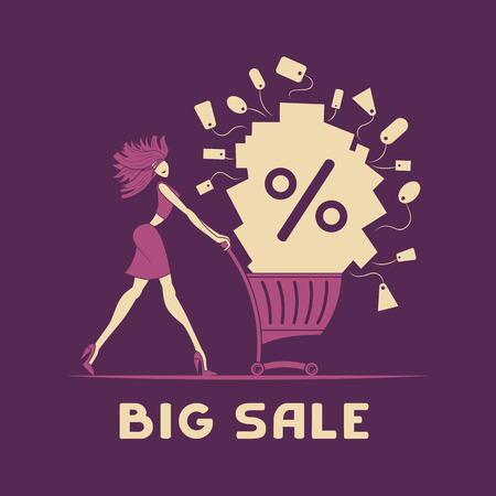 illustration big sale. Girl with shopping cart.のイラスト素材