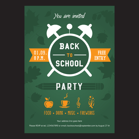 Back to school party invitation card. Vector template, banner or flyer design.のイラスト素材