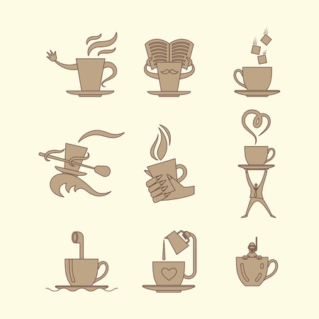 Coffe and tea cup monochrome icon set. Vector illustration.のイラスト素材