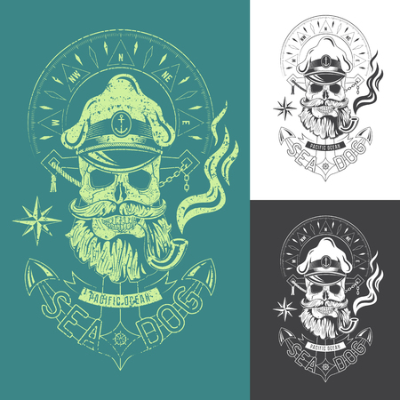 Sea Dog vector monochrome emblem with a skull in a cap with a smoking pipe on the background of the anchor.のイラスト素材