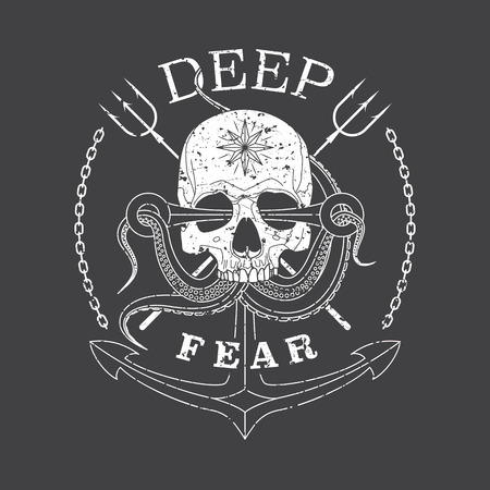 Deep Fear Skull vector grunge monochrome emblem with a skull, tentacles of an octopus and anchor.のイラスト素材