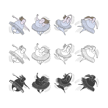 Ballerinas in motion. Comic, vector, color, line illustration.のイラスト素材