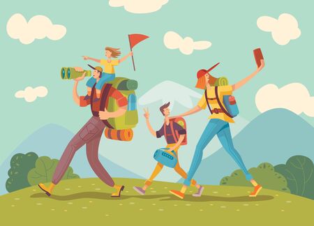Family hiking nature. Man, woman and kids in outdoor mountain landscape. Holiday summer adventure in camping vector background. Vector illustration in cartoon style.のイラスト素材