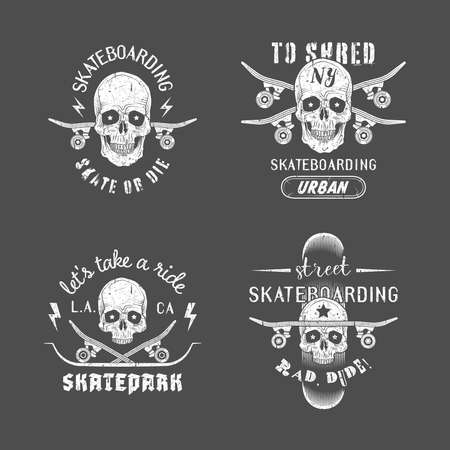 Set of skateboarding emblems with skull and skateboard. Print graphic and web design. Monochrome vector illustration.のイラスト素材