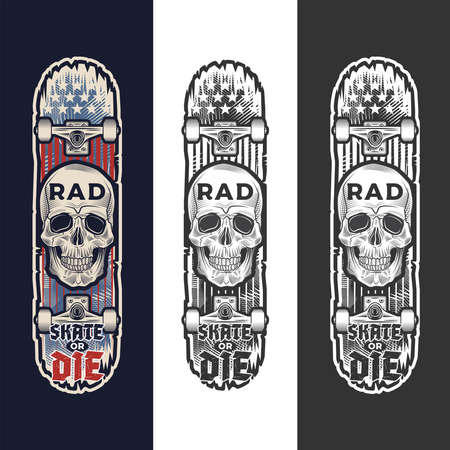 Skateboarding emblem with skull, skyboard and American flag. Inscription RAD and SKATE OR DIE. Print graphic and web design. Color and monochrome vector illustration.のイラスト素材
