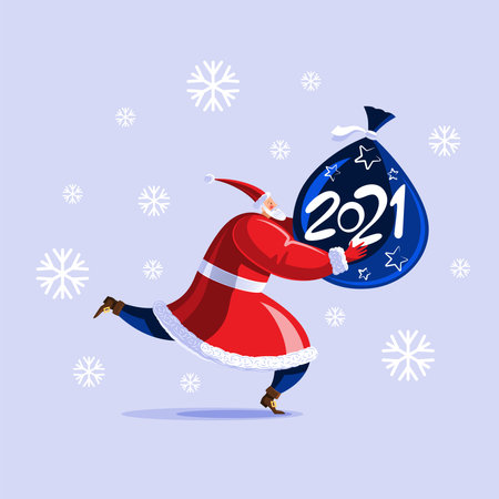 Santa Claus with a bag of gifts and an inscription 2021. Color flat vector illustration.のイラスト素材