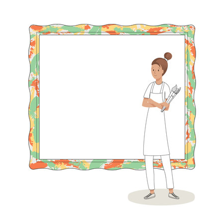 Young woman artist with painted frame. Art hobby concept. Flat vector illustration isolated on white background.のイラスト素材