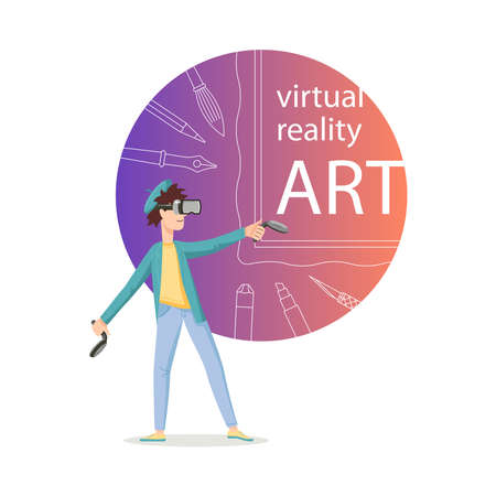 Painting in virtual reality. VR art concept. Flat vector illustration.のイラスト素材