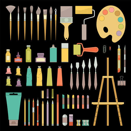 Art tools for home hobbies and school. Color isolated icon set. Flat vector illustration.のイラスト素材