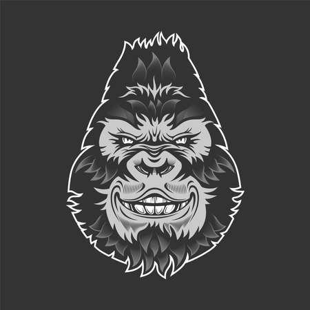 Smiling gorilla head. Monochrome vector illustration on black background.のイラスト素材