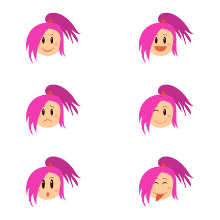 Cartoon funny girl emotion collection. Cute female face with different expression. Can be used for stiker, banner, card, poster and any design. Smiley set.のイラスト素材