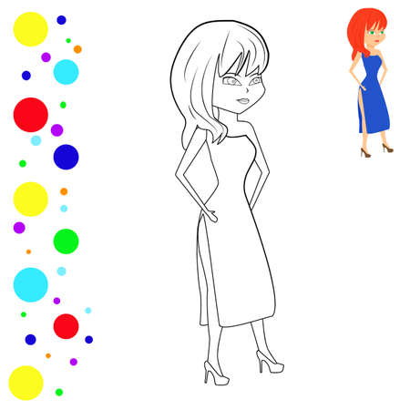 Coloring and colored image of standing fashion girl. Coloring page supermodel. Can be used for print, magazine, poster. Vector illustration.のイラスト素材