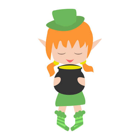 Cheerful little elf holding a pot of gold. Design for Patrick day. Can be used for stiker, banner, card, poster and any design.のイラスト素材