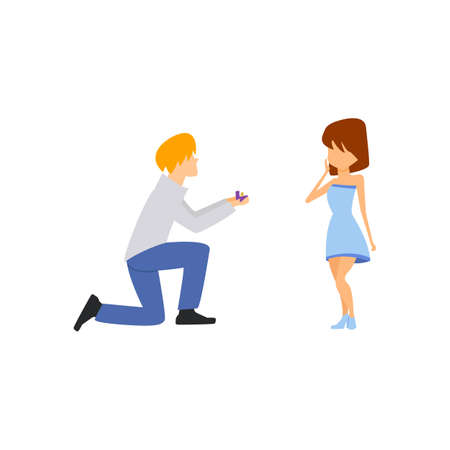 Cute love couple. A guy proposes to a girl. Can be used for posters, notebook, banner, wrapper, background and any design.のイラスト素材