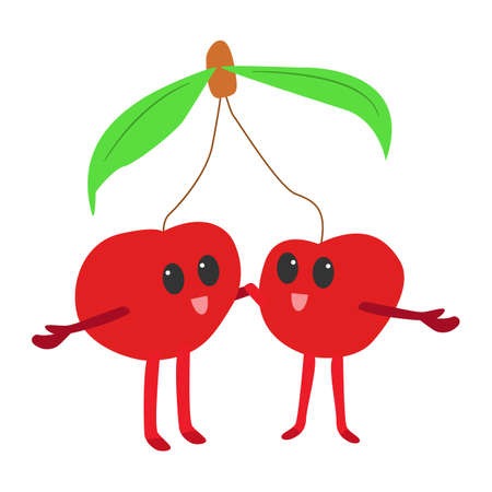 Cute little cherries isolated on white. Kawaii fruit cartoon character