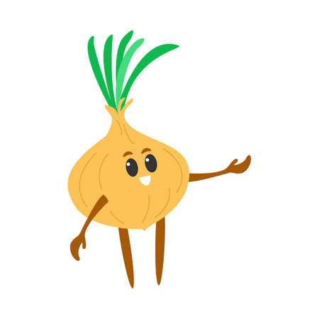 Cute little onion. Kawaii vegetable character. Cheerful onion.のイラスト素材