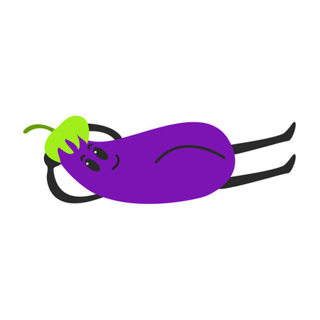 Cute eggplant lying. Cheerful cartoon flat vegetableのイラスト素材