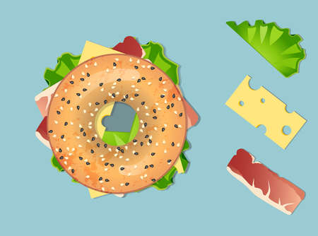 Appetizing sandwich with ingredients: cheese, lettuce, ham. Salted donut. Street food icon. Vector.のイラスト素材