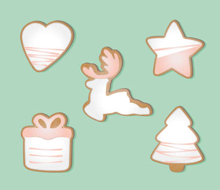 Set of Christmas gingerbread: deer, star, heart, tree, gift. Gingerbread cookies with white and pink glaze on a mint background. Vector illustration.のイラスト素材