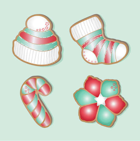 Set of New Year's gingerbread. Hat, sock, lollipop, flower. Gingerbread cookies with red-green glaze. Vector illustration.のイラスト素材