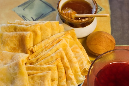 pancakes, jam and honeyの写真素材