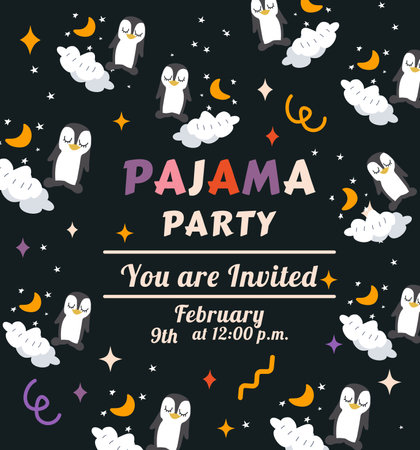 Invitation to a pajama party in a trendy flat style. Penguins in hand drawn style. Pajamas and sleepwear. Slumber. Shirt and pants. Slippers. A pair of legs. Overnight. Children's holiday. Nightwear. Mask for sleep. Clouds and starsのイラスト素材