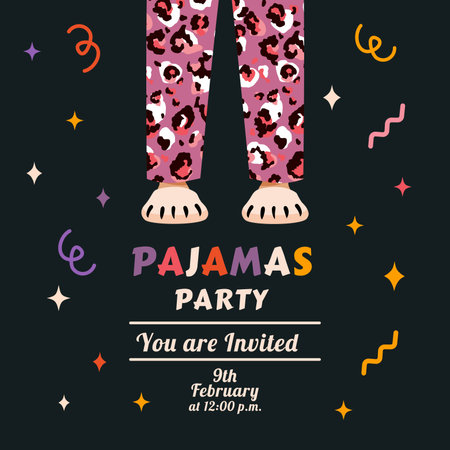 Festive invitation to a pajama party in hand drawn and doodle style. Vector illustration. Overnight. House slippers and feet. Card template. Slumber. Nightwear. Event flyer. Birthday celebration.のイラスト素材