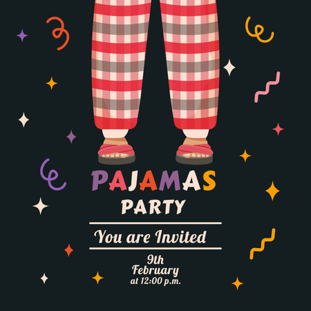 Festive invitation to a pajama party in hand drawn and doodle style. Vector illustration. Overnight. House slippers and feet. Card template. Slumber. Event banner. Celebration and relaxation for children and people. Plaid pajamas. Checked nightwearのイラスト素材