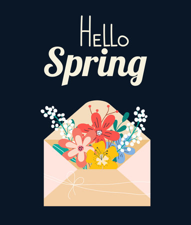 Poster with an envelope with flowers in hand drawn style. Vector. Hi spring. Modern trendy vibrant colors. Clipart. Traditional bunny. Modern trendy design design. Doodle.のイラスト素材