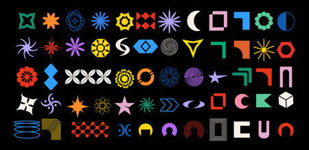 Set and collection of elements, figures, geometric shapes in the style of brutalism. Vector illustration. Isolated. Y2k aesthetic stickers Abstract retro vintage labels. Trendy modern design in the style of the 90s - 2000s. Circle, spiral.のイラスト素材