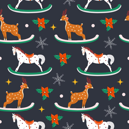 Seamless pattern for wrapping gifts for the New Year and Christmas. Elements, shapes. Paper. Retro trendy style. Hand drawn. Doodle. Xmas. Wallpaper texture. December 25th. Boho. Postcards, banners. Collage and cut out. Deer, horse, toys for spruce. Firのイラスト素材