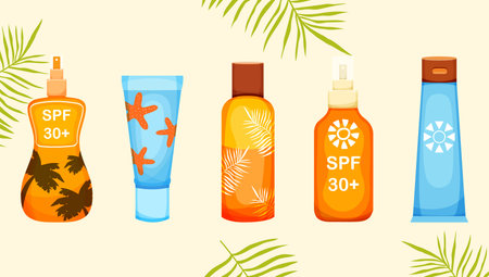 set of tanning and sun protection products in a modern trendy cartoon style. Vector illustration. Isolated. Doodle and hand drawn. Items for summer, sea and beach.のイラスト素材
