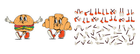 Set and collection of arms and legs in different poses for characters in groove style.Fast food walking, smiling with arms and legs. Y2k aesthetic elements. Facial expression. Burger and Croissant. Constructor Funky funny cute stickers. 90s,80s, 70s.のイラスト素材