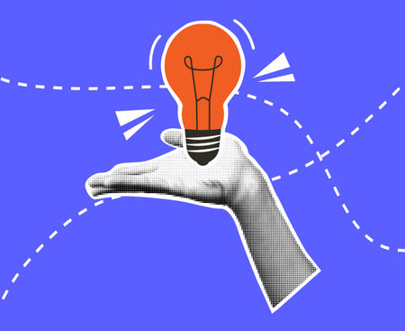 Hand in halftone style holds a light bulb. Business concept. Idea. Vector. Modern trendy style....