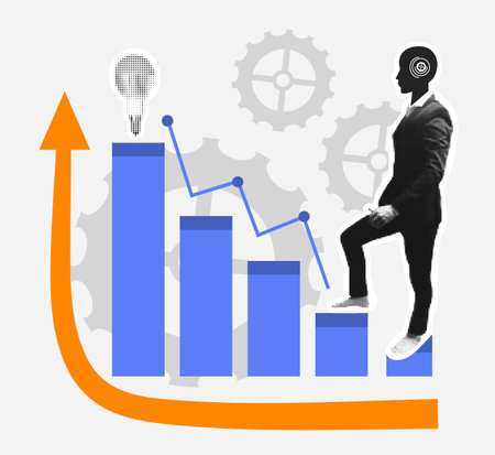 Business concept. Professionalism. A man in a suit with a robot's face climbs the corporate ladder. Halftone. Idea in the form of a light bulb. Success. Vector illustration. Isolated. Flat style. Characterのイラスト素材