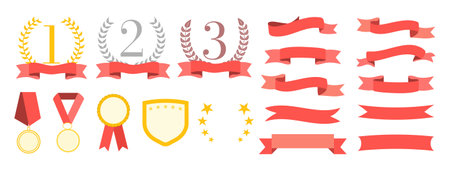 Set of flags, medals, cups. Reward for victory. Vector. Wreath. Frame and textbox. Competing and tournament. Ranking template. Elements for design. Winner. Premium quality stickersのイラスト素材