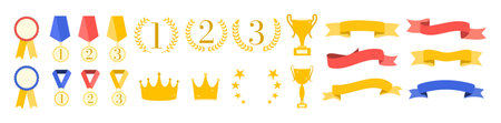 Set of flags, medals, cups, crowns. Reward for victory. Vector. Wreath. Frame and textbox. Competing and tournament. Ranking template. Certificate. Elements for design. Winner. Premium quality stickersのイラスト素材