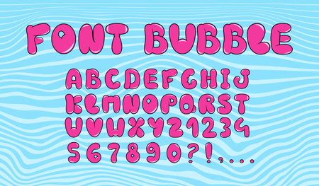 Bubble gum alphabet in trendy style. Graffiti. Shapes and elements in y2k retro design style. Graffiti and tattoos. Letters font. 2000s. Set and collection. Doodle and hand drawn. Abstract words. Groovy Inflatable wordsのイラスト素材