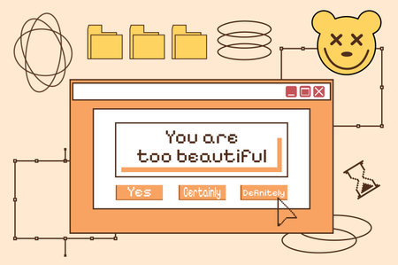 Groovy set in y2k style. Retro collection of browser popup icons. Personal computer, laptop. Psychedelic and hippie design. 00s aesthetic. 2000s. Textbox. Vector illustration.Comicのイラスト素材