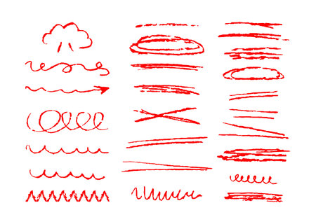 Set of textures and doodles with grunge from a pencil. Wave and curve. Brushes and marker. Stripe and underline. Squiggles chalk. Elements. Sketchy and Scratchy. Hand drawn line and stroke.Ink.のイラスト素材