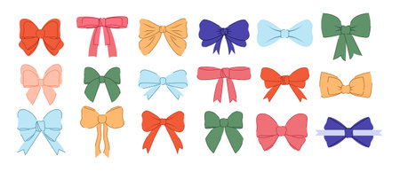 Set of bows of different colors in hand drawn style. One line. Line art. Set for decorations and holidays. Vector illustration. Isolated. White background. Celebrationのイラスト素材