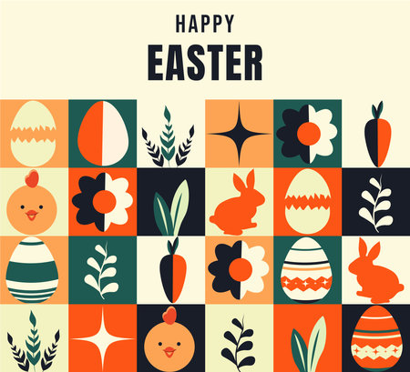 Happy Easter holiday banner set. Geometric shapes, forms, rectangle, triangle, circles. Modern trendy minimalist Bauhaus style. Abstract design. Brutalism and y2k style. Eps 10. Vertical orientation. Layout bundle.のイラスト素材