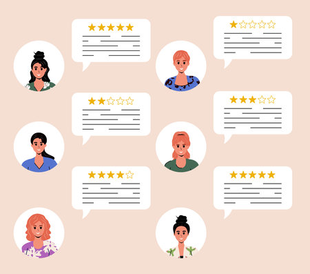 Feedback concept. Helpdesk. Client and regular customer. Survey. People write reviews on a website or application. Assessment of the quality of services and goods. Vectors stock illustration. Flat style. Characters.のイラスト素材