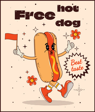 Retro style food poster. Groovy hot dog walks. Poster for display and printing. Vector stock illustration. Psychedelic style. Y2k. Hippie. Fast food mascot. Street food. Advertising for cafe and restaurant. Background.Isolated.Characterのイラスト素材