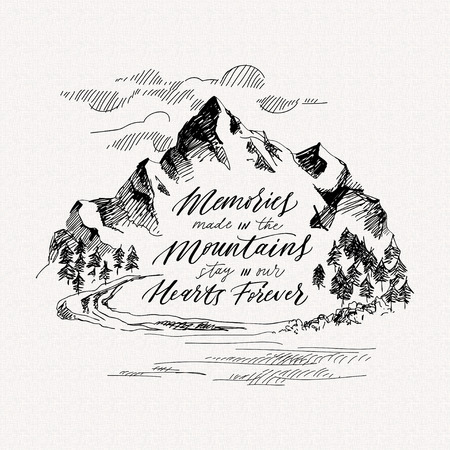 Motivating phrase about a trip to the mountains. Vector word. Modern calligraphy. Sketch design. For postcards, letters, posters, card. Monochromeのイラスト素材
